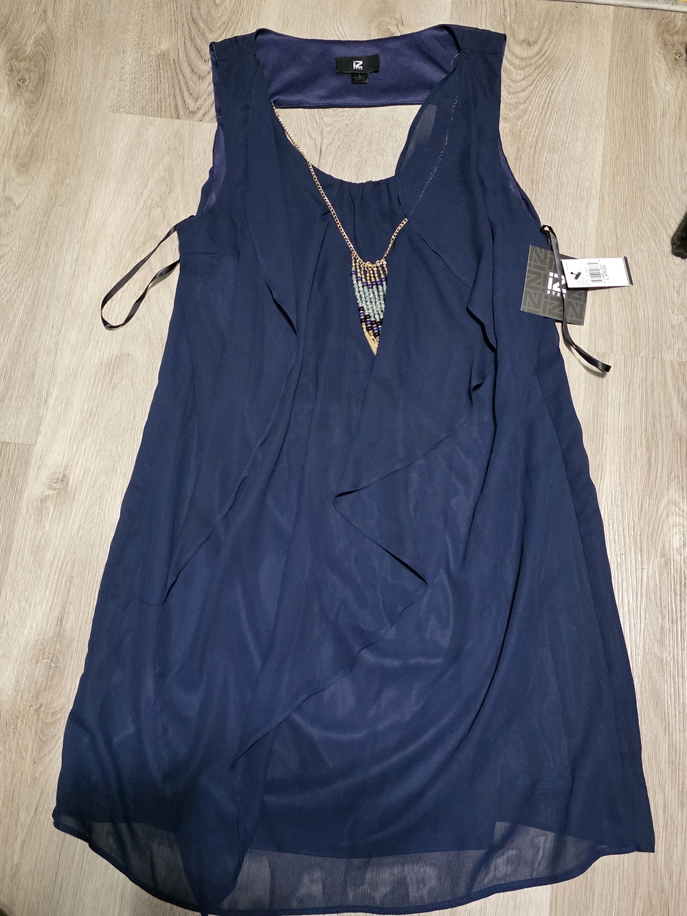 Iz Byer Navy Blue Sleeveless Layered Dress with Beaded Accent
